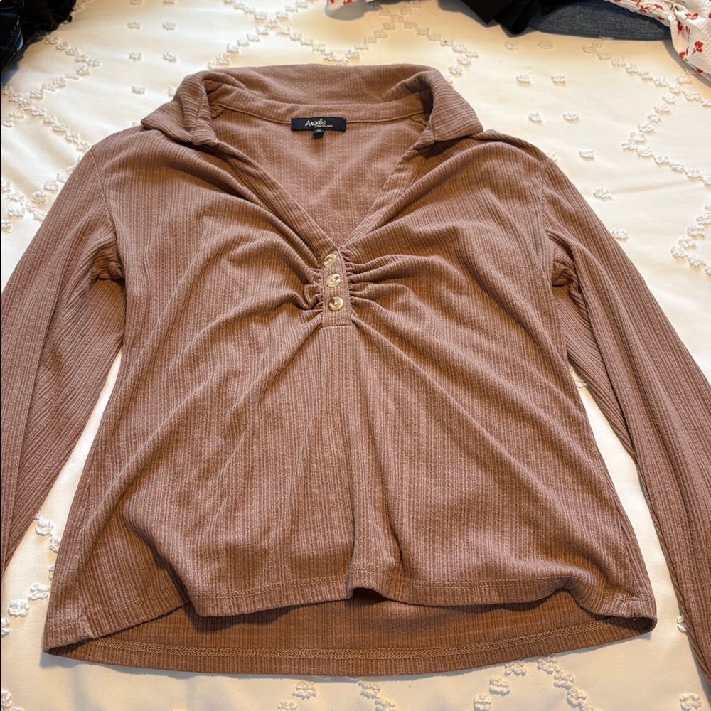 Ambiance Taupe Ribbed Buttoned Top